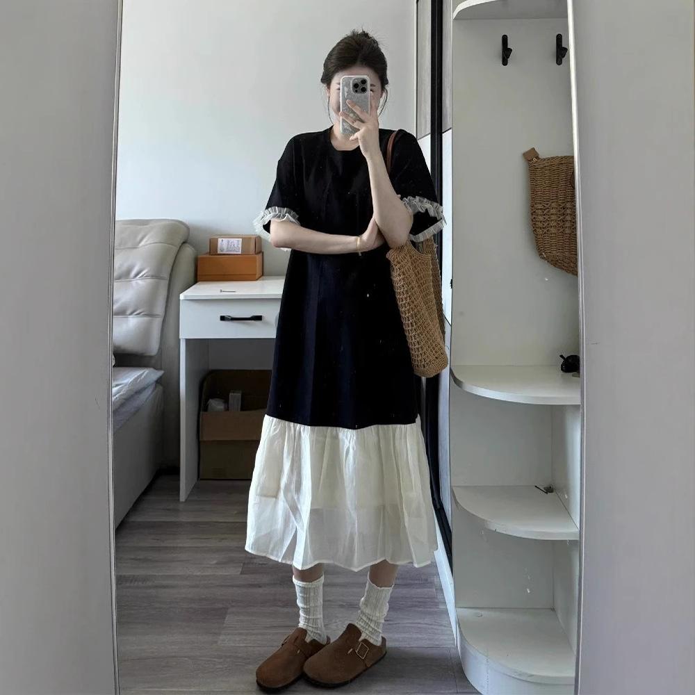 Loose and slightly fat, covering the meat and showing thinness, long dress for women's summer new black long knee T-shirt skirt