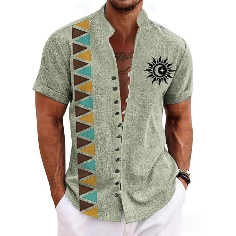 

Men Short Sleeve Linen Blend Shirt With Tribal Sun Print Casual Button Down Top S