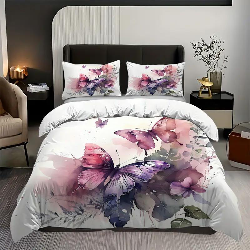 

Watercolor Butterfly 3D Printed Quilt Cover Set Rustic Natural Style Luxury Duvet Cover Soft Comfortable Bedding Set Pillowcases 135x200cm 2pcs