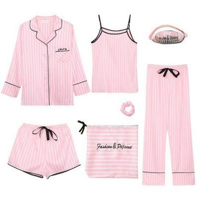 „Siebenteiliges Pyjama-Set für Damen mit koreanischen Streifen für alle Jahreszeiten“