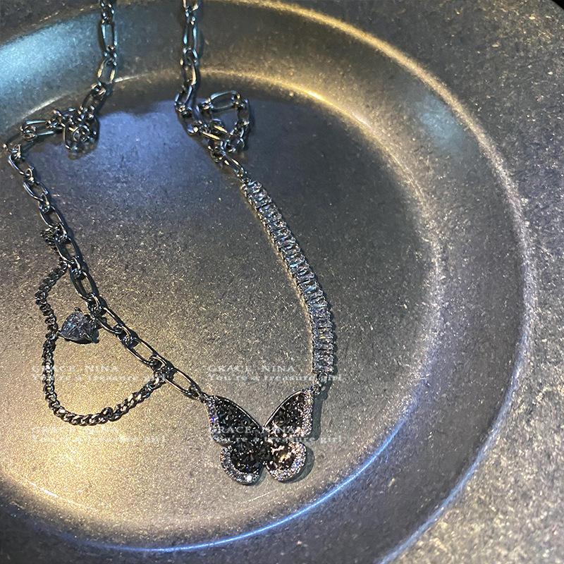 Introducing the Black Zircon Butterfly Necklace: Elegant Summer Clavicle Chain for Women, 2023 New Style with a High-End Feel.