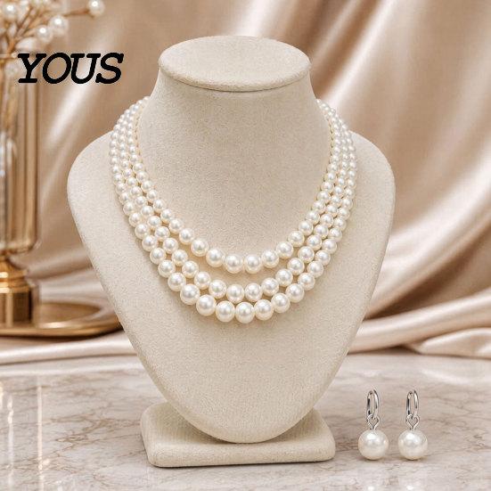 Comfortable Wear Earrings 2Pcs/Set Women Jewelry Gift, Three-Layer Imitation Pearl Choker Necklace Retro Style Set And Hook Earrings, Adjustable Chain