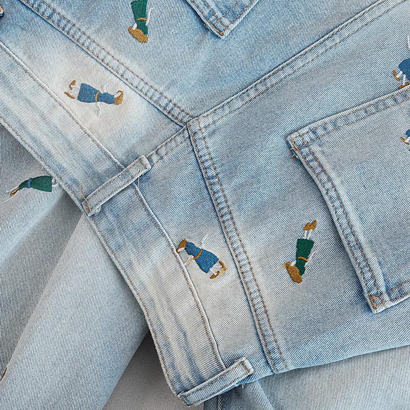 Women's Embroidered Draped Wide-Leg Washed Jeans