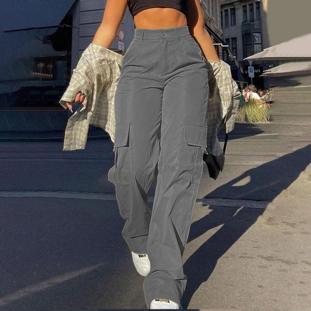 Streetwear Basic Buckle Cargo Pants Women Trousers Solid Straight Leg Big Pockets Baggy Sweatpants Chic