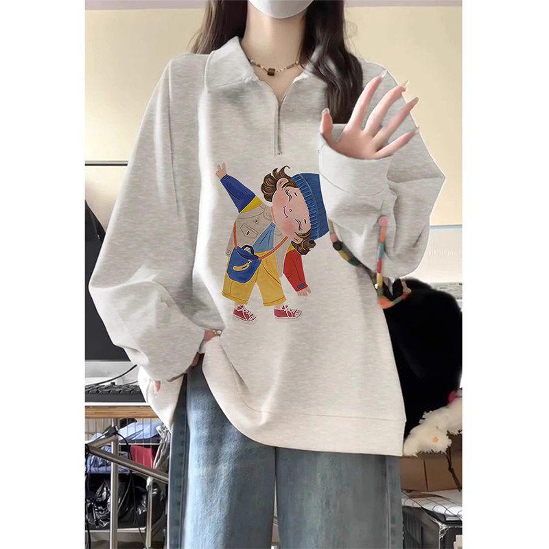

Plus Size Women s Half Zipper Sweatshirt Women s Spring & Fall Thin Japanese Cartoon Loose Polo Collar Slim Looking Fat Hiding Top Fashion Off-White M