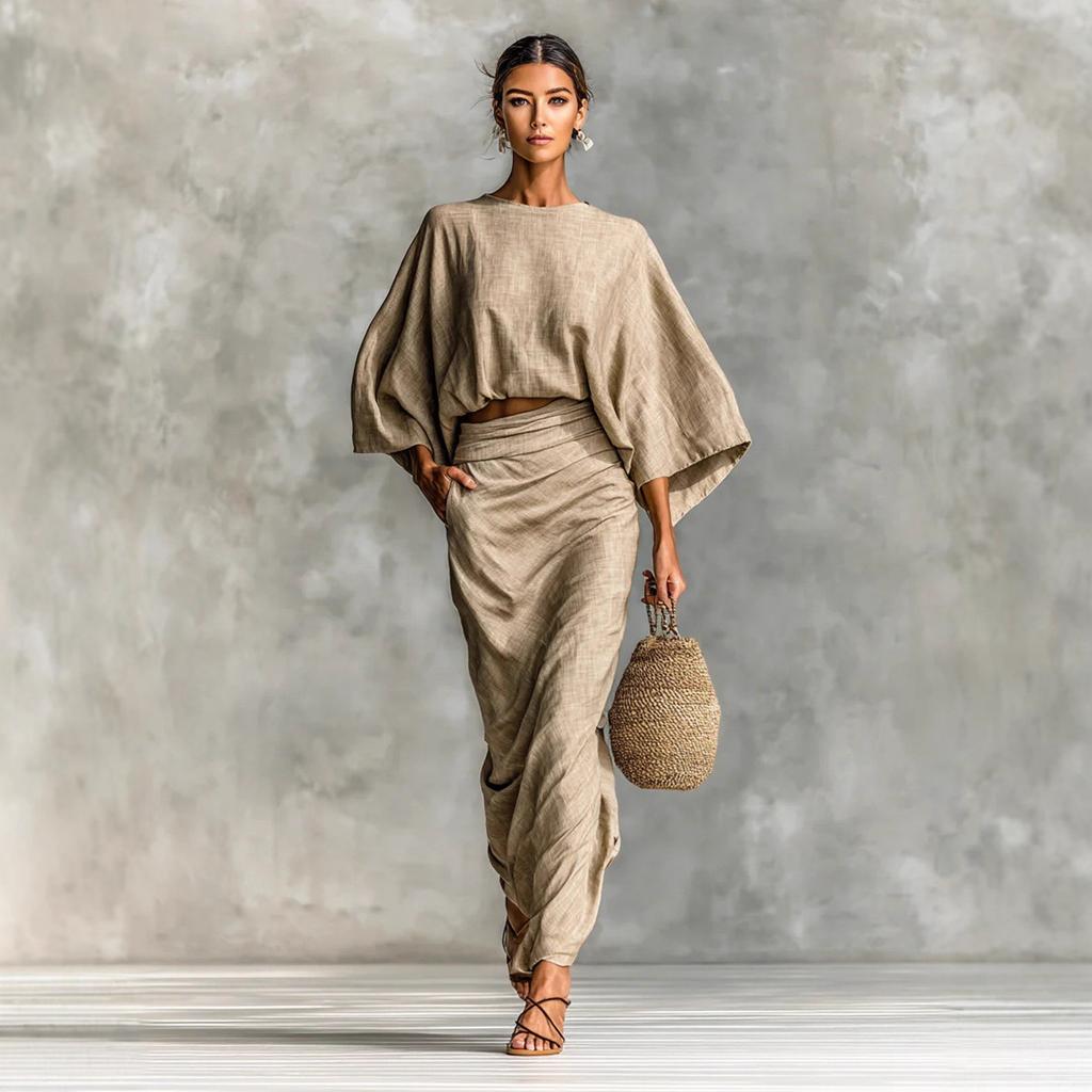Spot cross-border foreign trade women's clothing cotton and linen autumn and winter matching suit bat sleeve top versatile pocket back split skirt