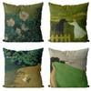 Art Oil Painting Pillow Cover Pastoral Forest Green Flower Home Light Luxury Pillow Sofa Car Bedside Cushion Cover