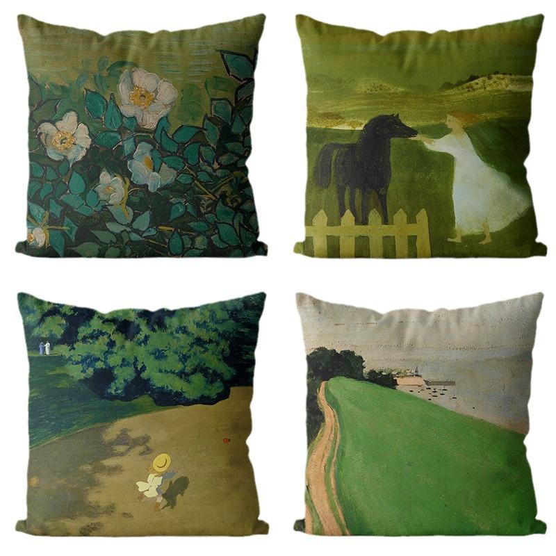 Art Oil Painting Pillow Cover Pastoral Forest Green Flower Home Light Luxury Pillow Sofa Car Bedside Cushion Cover