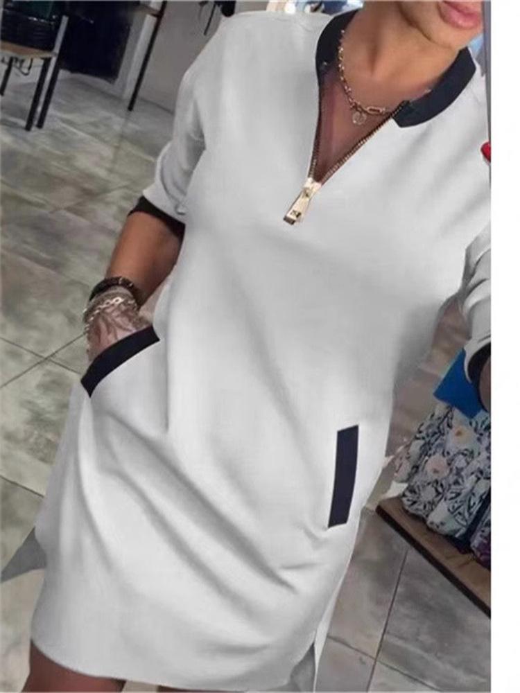 2024 V-Neck Zipper Seven-Sleeve Casual Dress