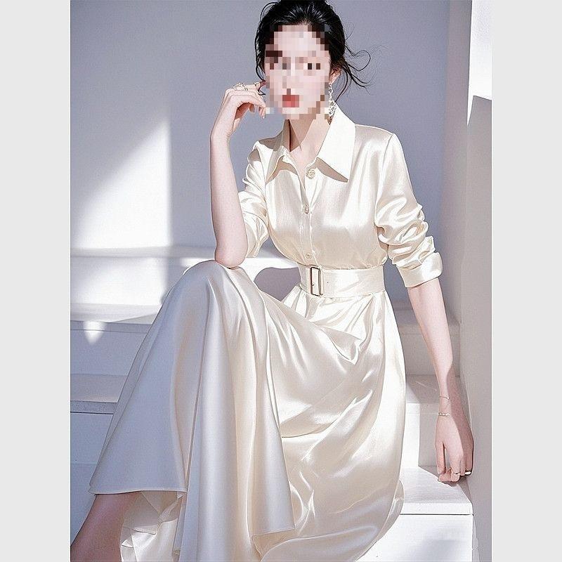 Xiaoxiangfeng waist white satin shirt dress women's early spring new high-end French professional long skirt