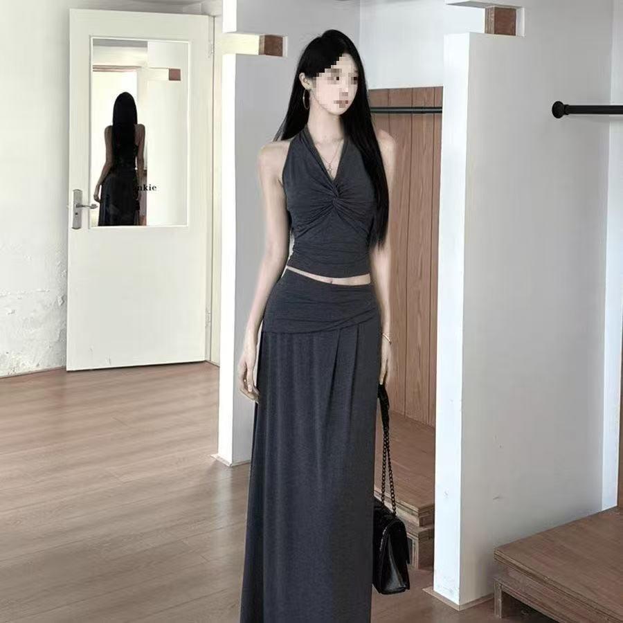 Korean Summer Kink Pleated Retro Top Vest Splicing Set Sleeveless Skirt Pendulum