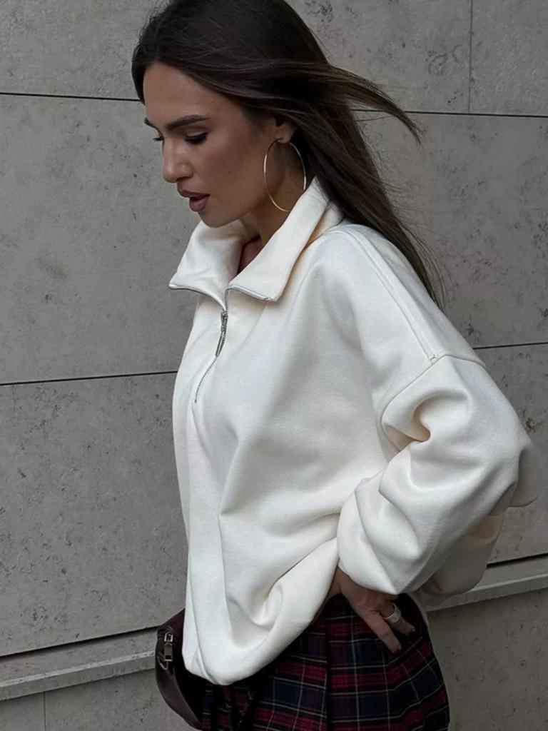 Solid Color Outer Wear Half Zipper Stand Collar Fashionable Trend Lapel Sweatshirt Loose Top