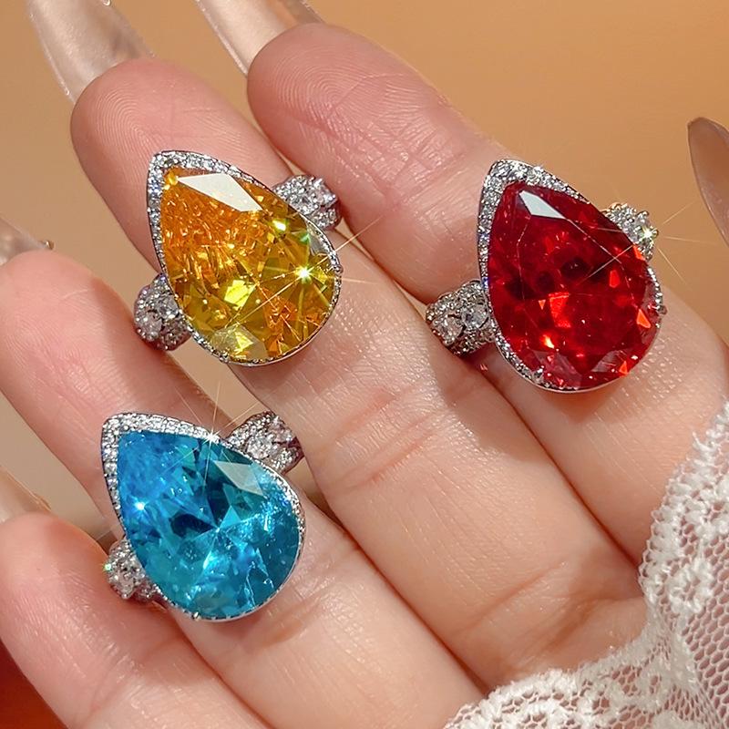 Manufacturer's Copper Rings Women's Jewelry Zircon Water Droplet Shape Chinese Red Sea Blue Yellow Luxury Fashion High-end Sense