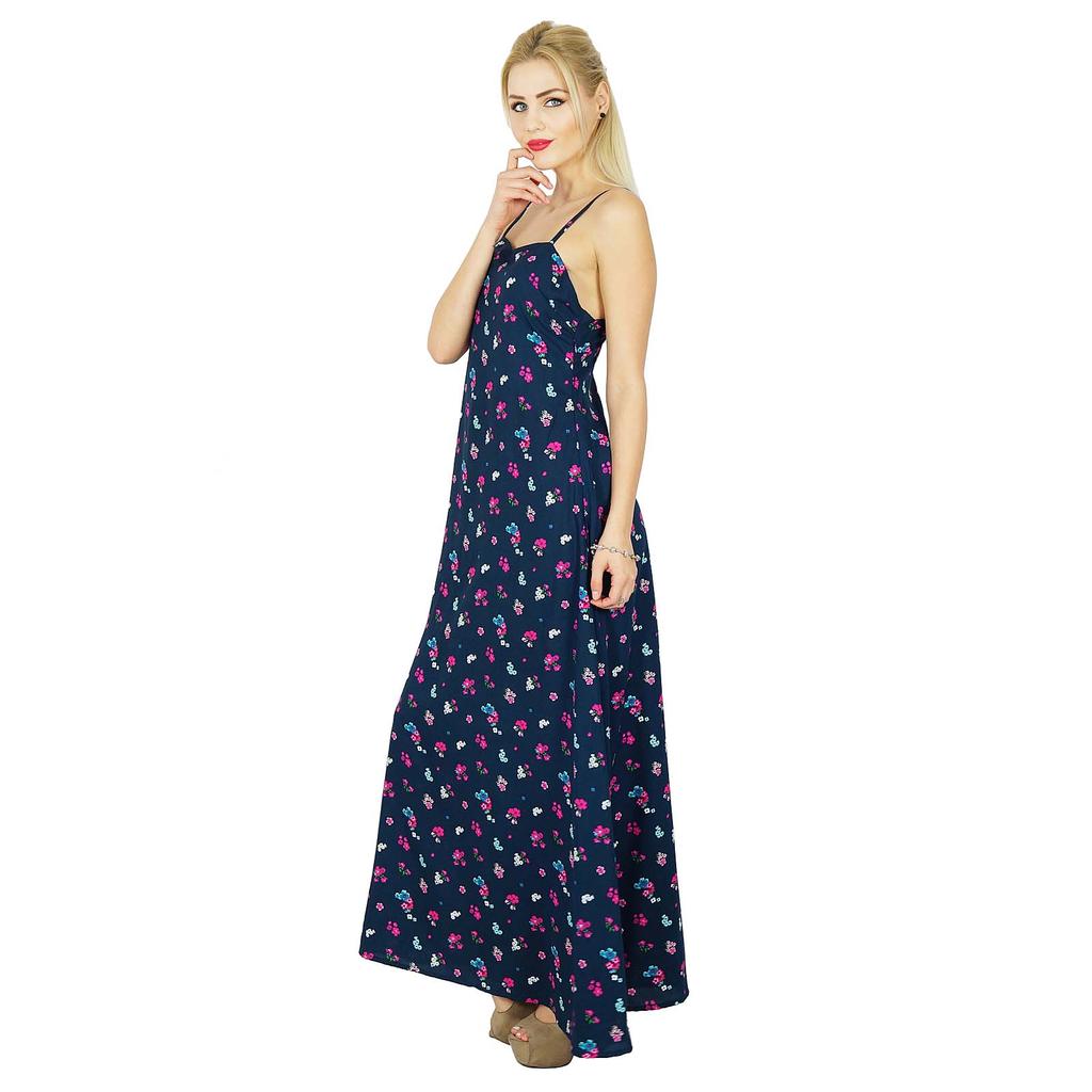 Bimba Women Spaghetti Strap Blue Maxi Printed Dress Summer Casual Wear