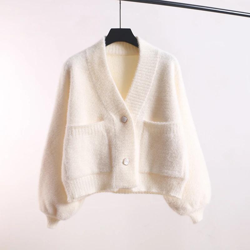 New Autumn and Winter Short V-neck Knitted Cardigan for Women Imitation Mink Loose Thickened Sweater Jacket