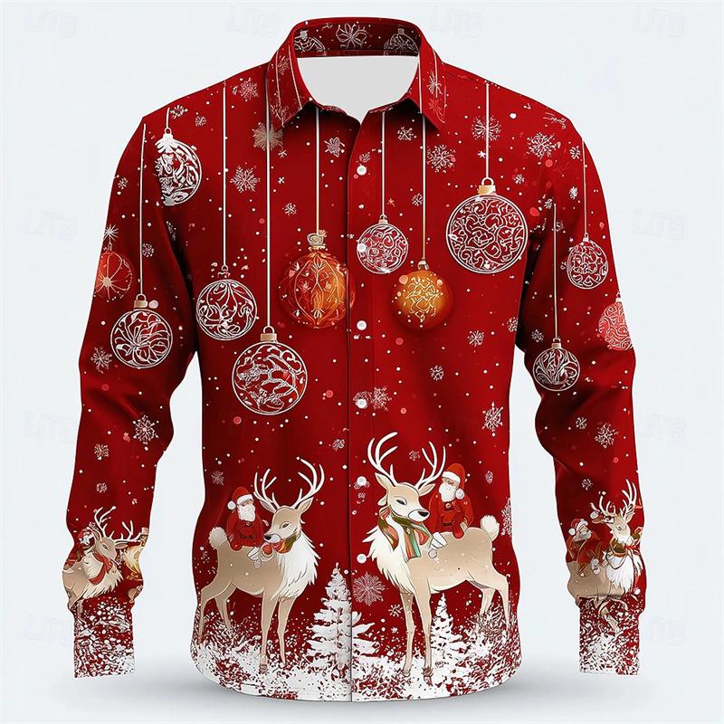 Christmas Men's Dress Shirt with Red Snowflake and Cedar Pattern, Black Lapel Bow Tie, Festive Party Style Men's Shirt