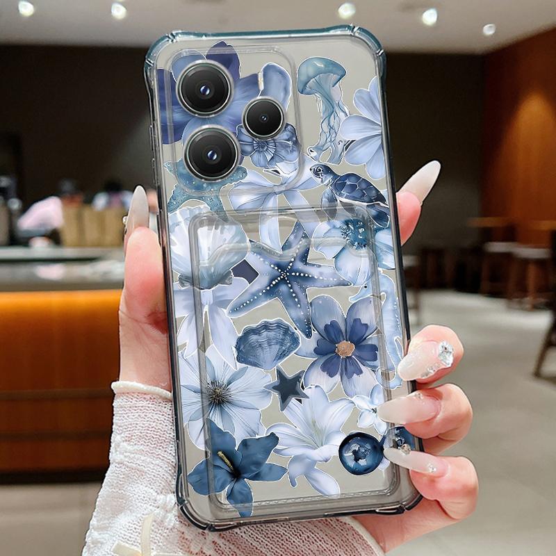 

Card Pocket Bag Clear Phone Case For Xiaomi 14T 13T Xiaomi 14T 13T Pro Blue Flower Turtle Pattern Shockproof Soft Silicone Cover Xiaomi 13T Pro