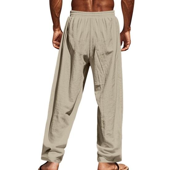 Men's Casual Linen Trousers Elastic Waist Drawstring Baggy Trousers Solid Color Loose Fit Summer Pants with Pockets for Beach Yoga Wear