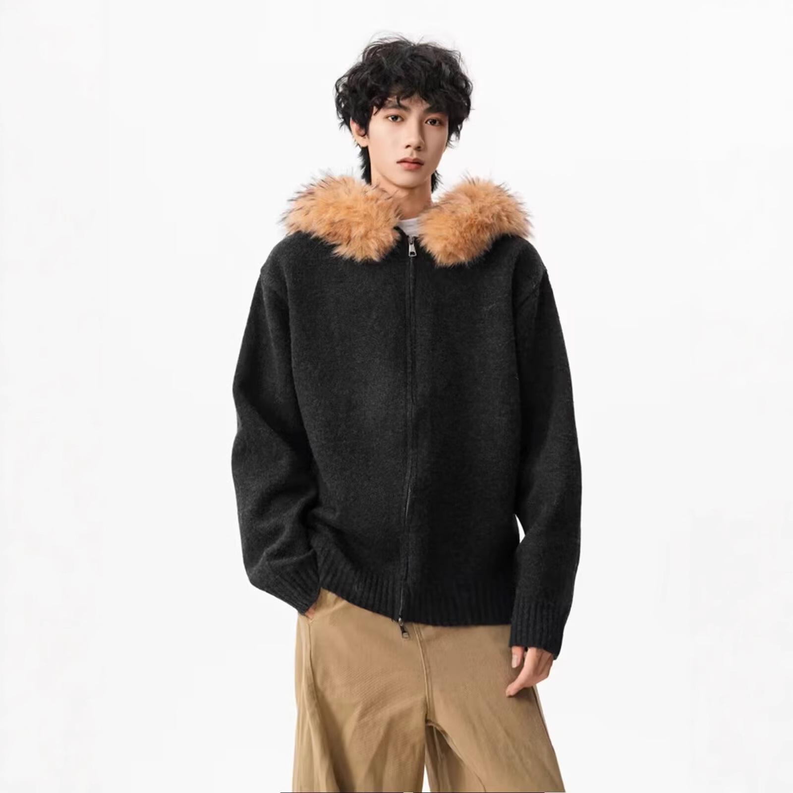 

American Style Fur Collar Couple Sweater: Unisex Heavyweight Solid Knitwear for Autumn & Winter Extra Large чорний