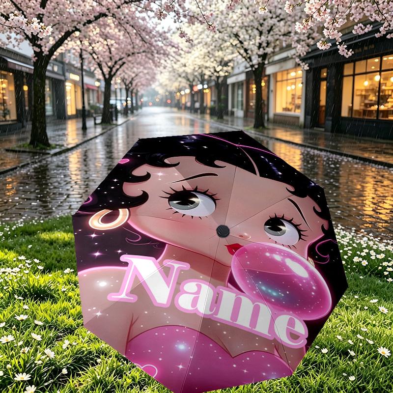 Custom Name Personalized Betty Boop Print Umbrella, Auto Open Close, 8‑Rib Sturdy Frame, Commute Camping Hiking Use, Birthday Gift