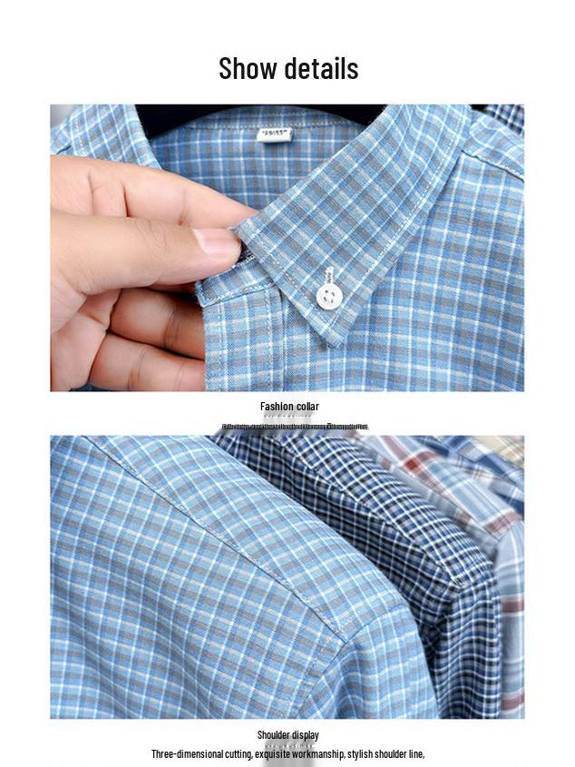 Herr Premium Långärmad Rutig Bomullsskjorta: Nedvikt krage, Vår/Höst Business Casual