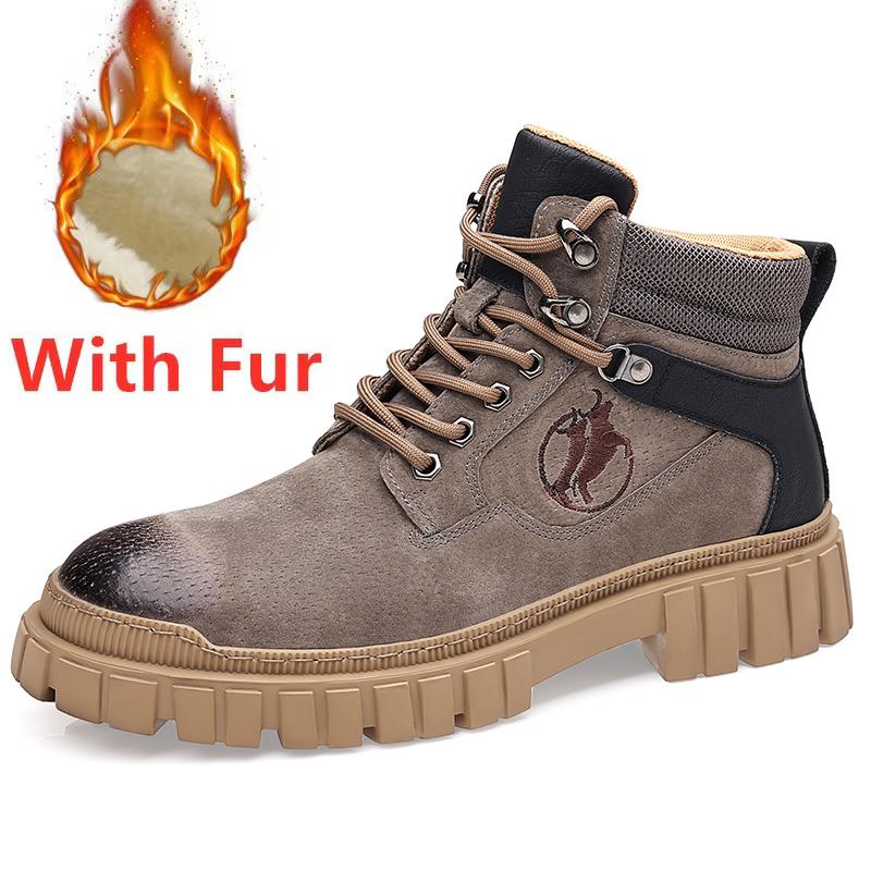 

Замшевые кожаные мужские высокие ботинки, модные мотоциклетные ботинки, теплые плюшевые меховые зимние ботинки, уличные мужские прогулочные ботинки со шнуровкой 44