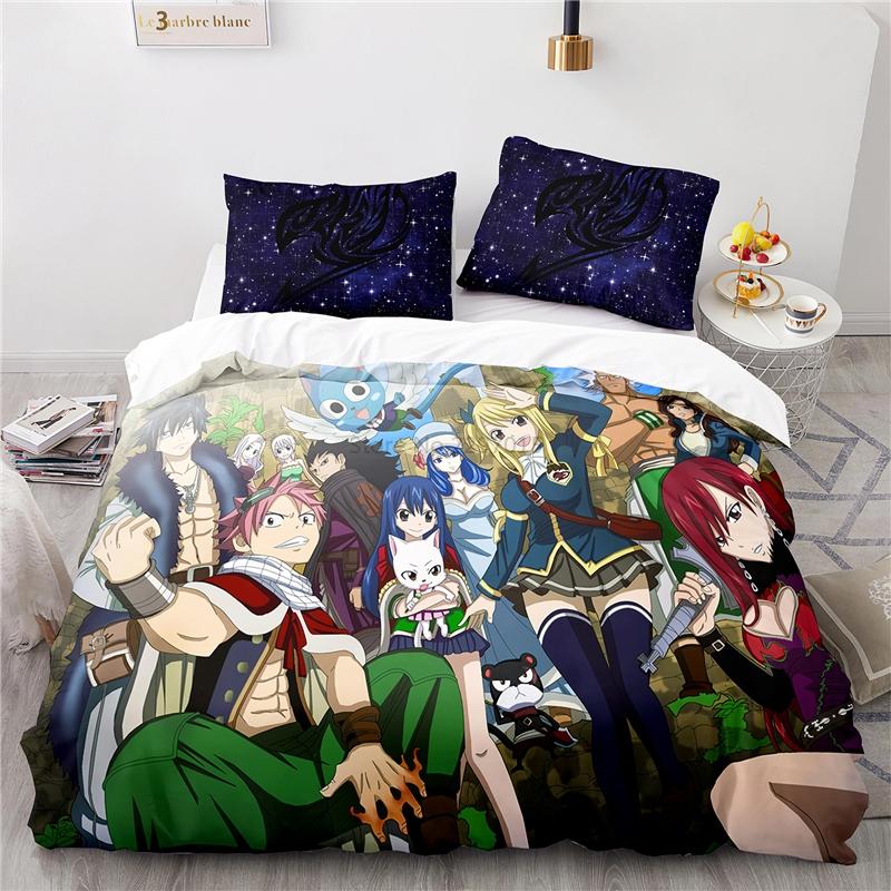 Popularne Anime Fairy Tail Zestaw Pościeli z Nadrukiem 3D Lucy Gray Fullbuster Etherious Nadrukowany Zestaw Poszwy na Kołdrę z Poszewką na Poduszkę