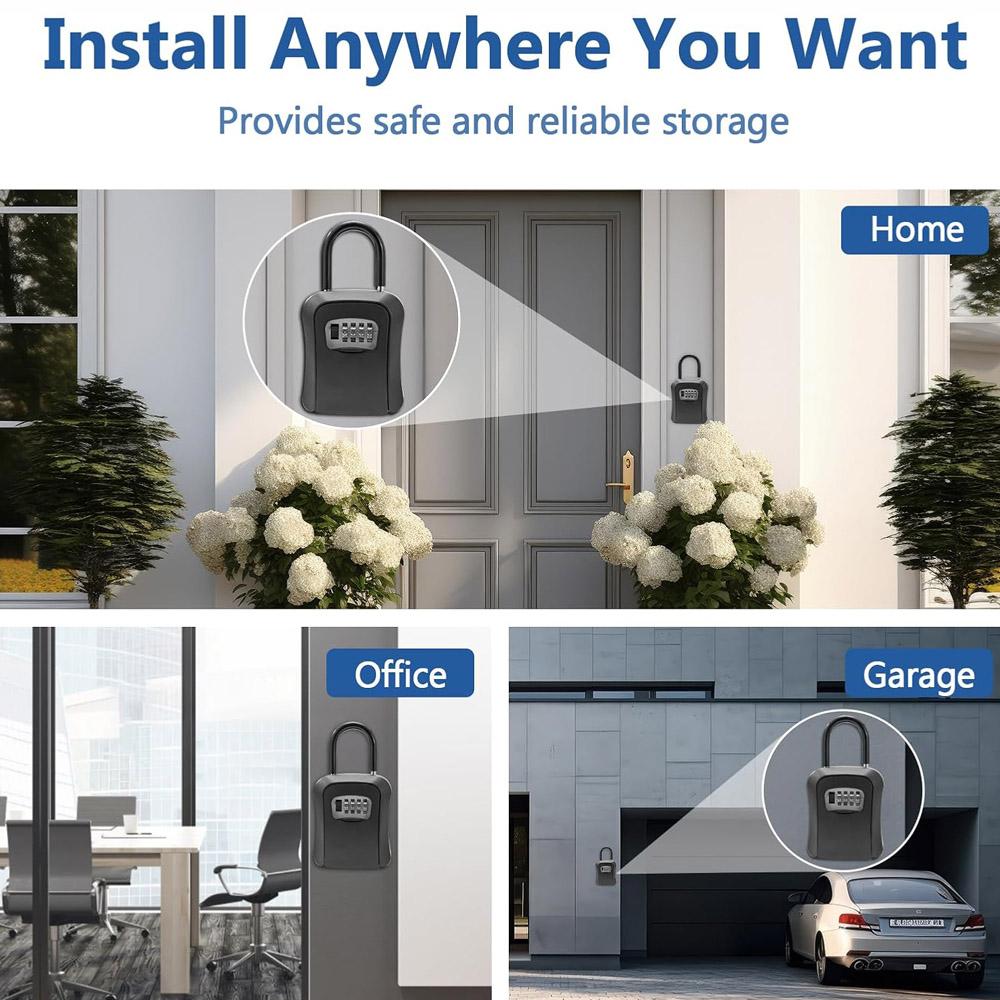 Portable Key Lock Box 4-Digit Combination Safe Detachable Shackle Protective Cover Key Storage For Home Rental Garage Office Realtor Emergency Access