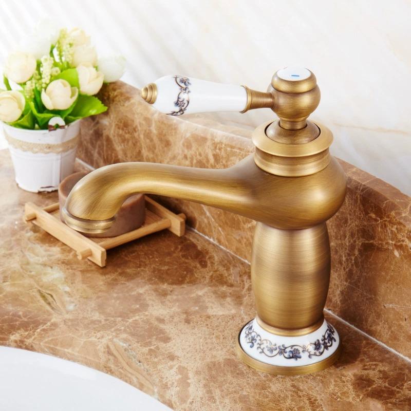 Vintage Antique Brass Faucet Blue and White Porcelain Long Neck Mixer Tap Bathroom/Kitchen Cold Hot Water Basin Sink Accessories