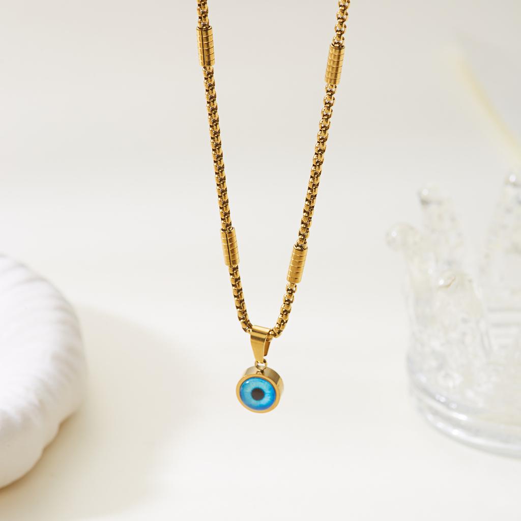 Stainless Steel Turkey Blue Evil Eye Necklace for Women Boho Ethnic Geometric Round Eyes Charm Clavicle Choker Party Jewelry