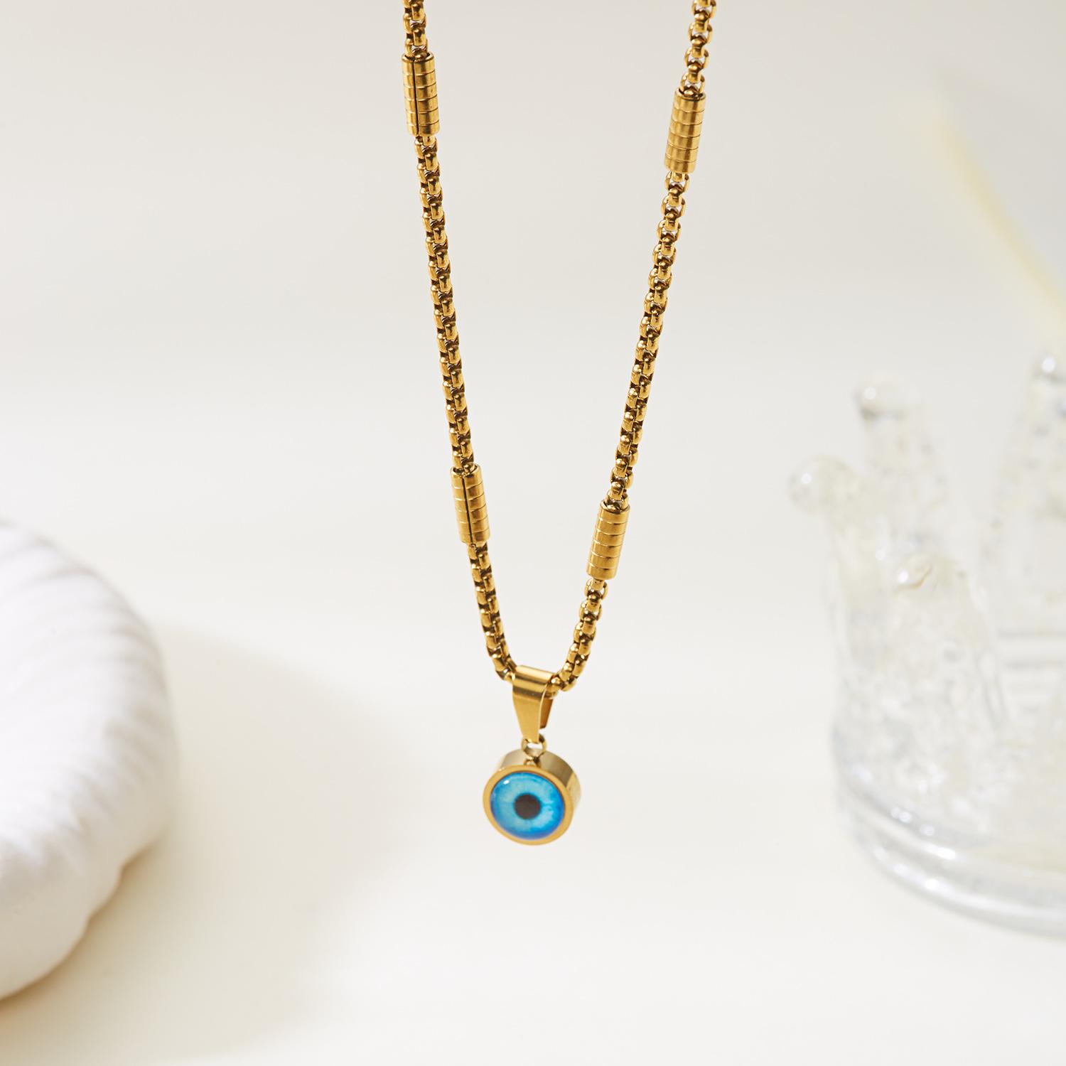 

Stainless Steel Turkey Blue Evil Eye Necklace for Women Boho Ethnic Geometric Round Eyes Charm Clavicle Choker Party Zircon