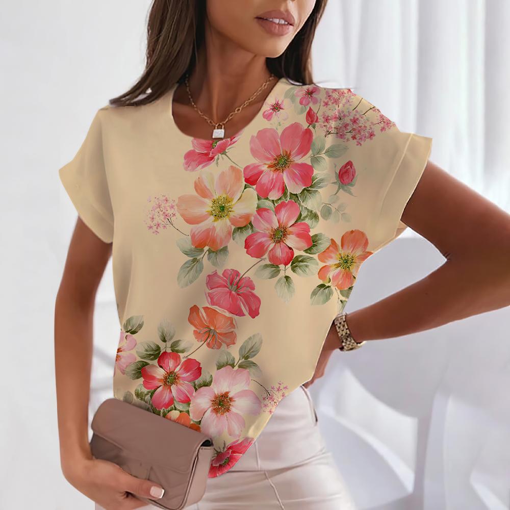 Women's 3D Floral Printed T-shirt, Round Neck Casual Short Sleeved Top, Comfortable Top, Girls' Beautiful Shirt, Women's Loose Summer Clothing