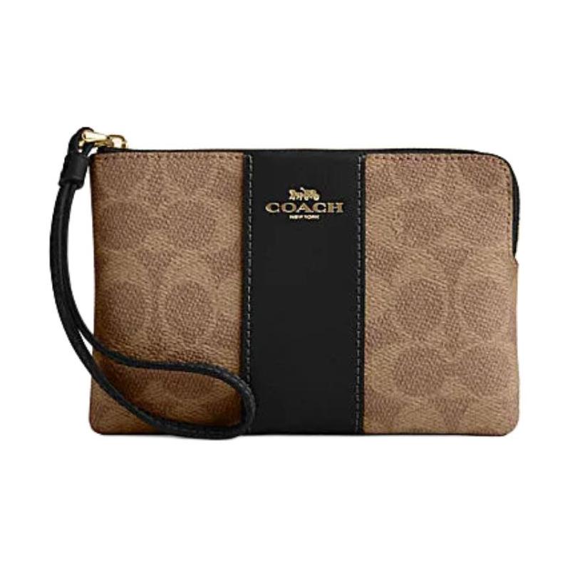 COACH Corner Zip 16 Brand logo zipper closure Artificial leather and cow split leather Wrist bag Clutch Regular Women s Brown and black чёрный