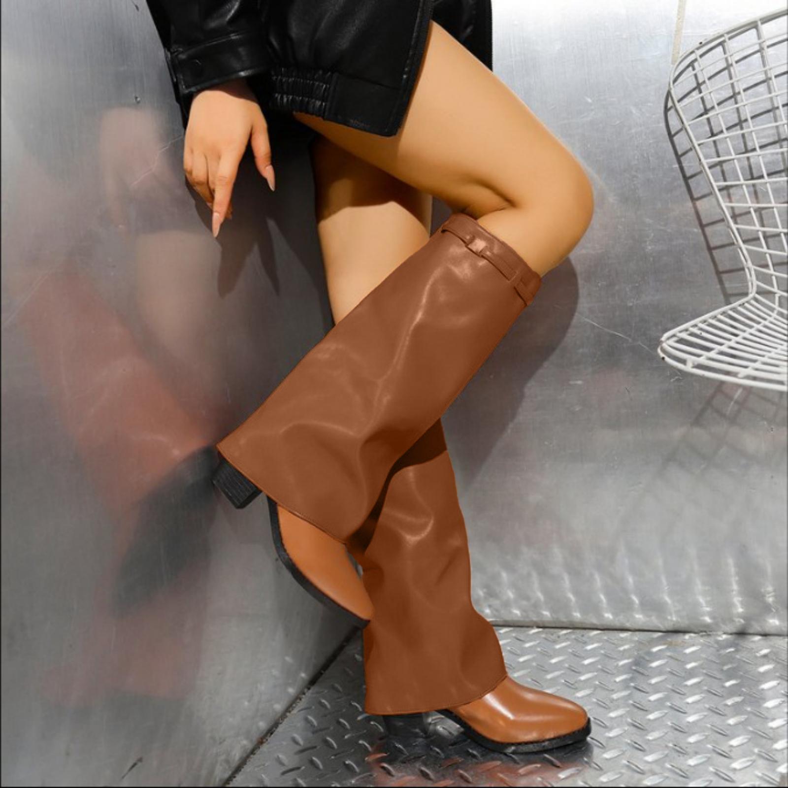 

Pointed-toe Mid-length Straight Boots With Metal Buckle And Chunky Heel Women s Boots 39 коричневий