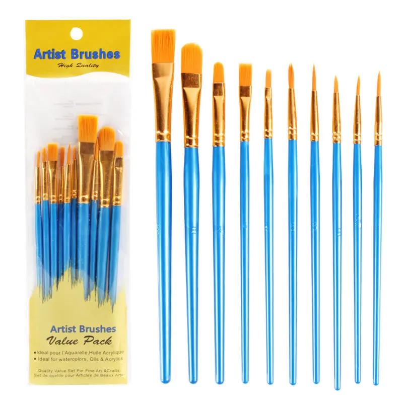

10Pcs/Set New Nylon Brush Plastic 10Pcs Digital Oil Painting Brush Art Student Hook Pen Brush синий