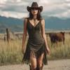 Rochie mini cami fără mâneci cu franjuri stil western pentru femei, decolteu adânc în V, drapată, bodycon asimetric, rochie de petrecere cowboy