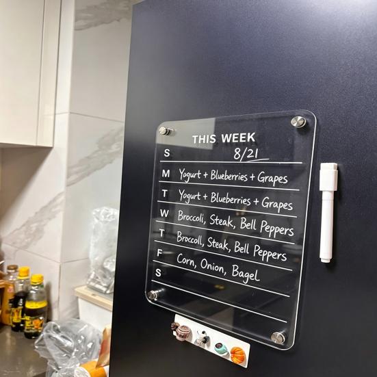 Reusable Acrylic Writing Board 12''x8'' Magnetic Planning Board, Clear Weekly Meal Planner, Refrigerator Calendar Dry Erase Noteboard with Marker for