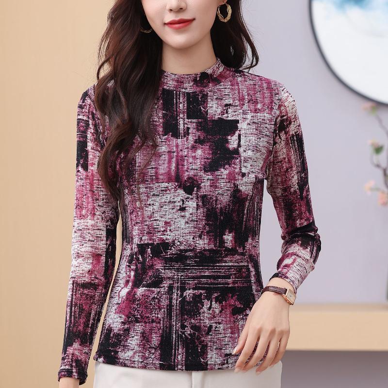 Half Turtleneck Mesh Bottoming Women's Autumn New Style Slim Stretch Printed T-shirt Long-sleeved Sexy Lace Top