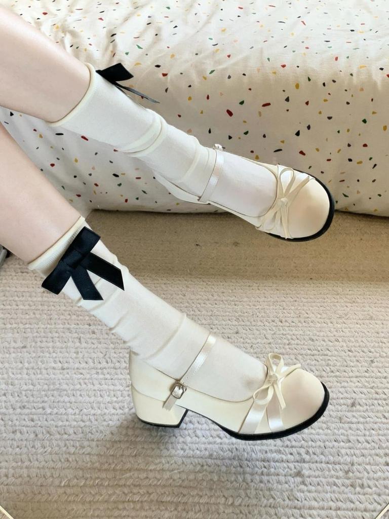 French white thick heel Mary Jane shoes women's 2025 new spring versatile bow fairy style light mouth single shoes