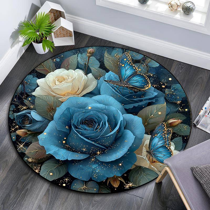 

Круглый ковер с синими розами, Ковер для гостиной, спальни, дивана, игровой комнаты, Нескользящий коврик для пола 80cmx80cm