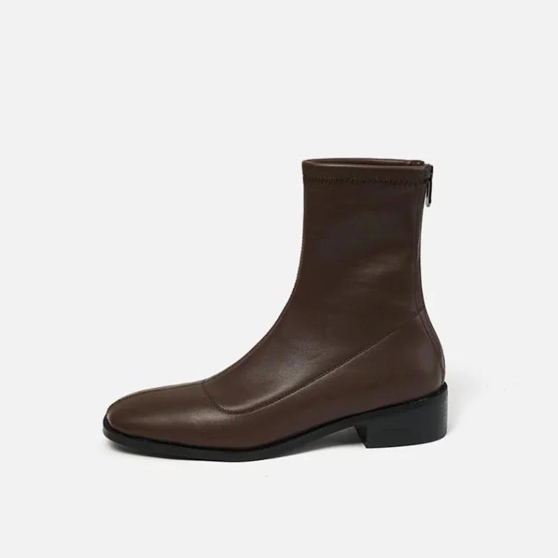 Cizme de designer de epocă cu vârf pătrat pentru femei, cizme subțiri, cu fermoar elegant, pantofi de toamnă, pantofi scurti elastici pentru femei