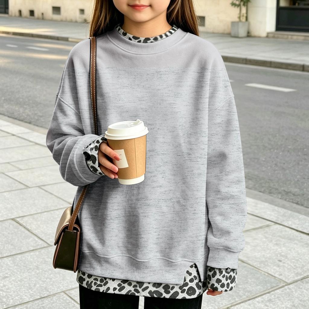 Big Girls Casual Printed Two-Piece Look Pullover Top with Neck and Loose Fit for Everyday Wear