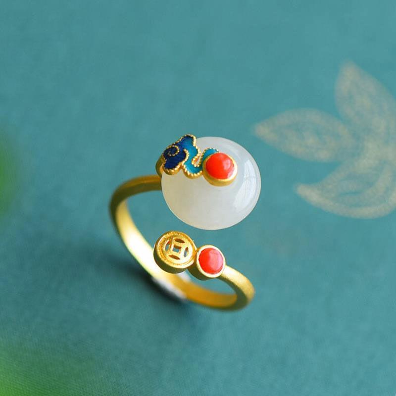 Hetian Jade Ping an Buckle Silver Cloisonné Cloud Retro Ethnic Women s Adjustable Ring