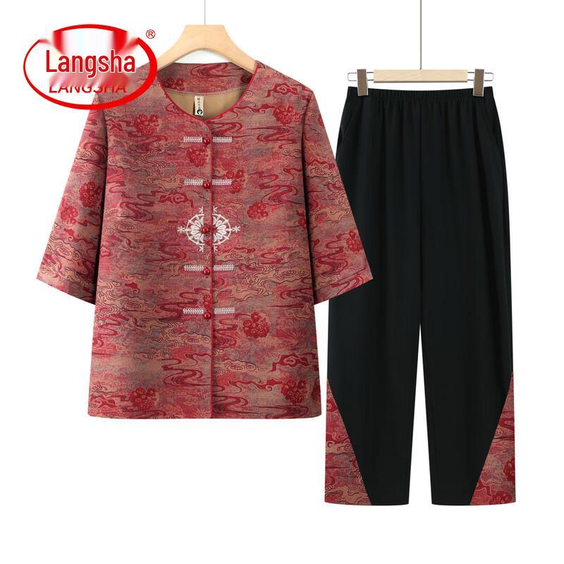 LangSha Women s Mid-Sleeve Ice Silk Summer Set 2XL