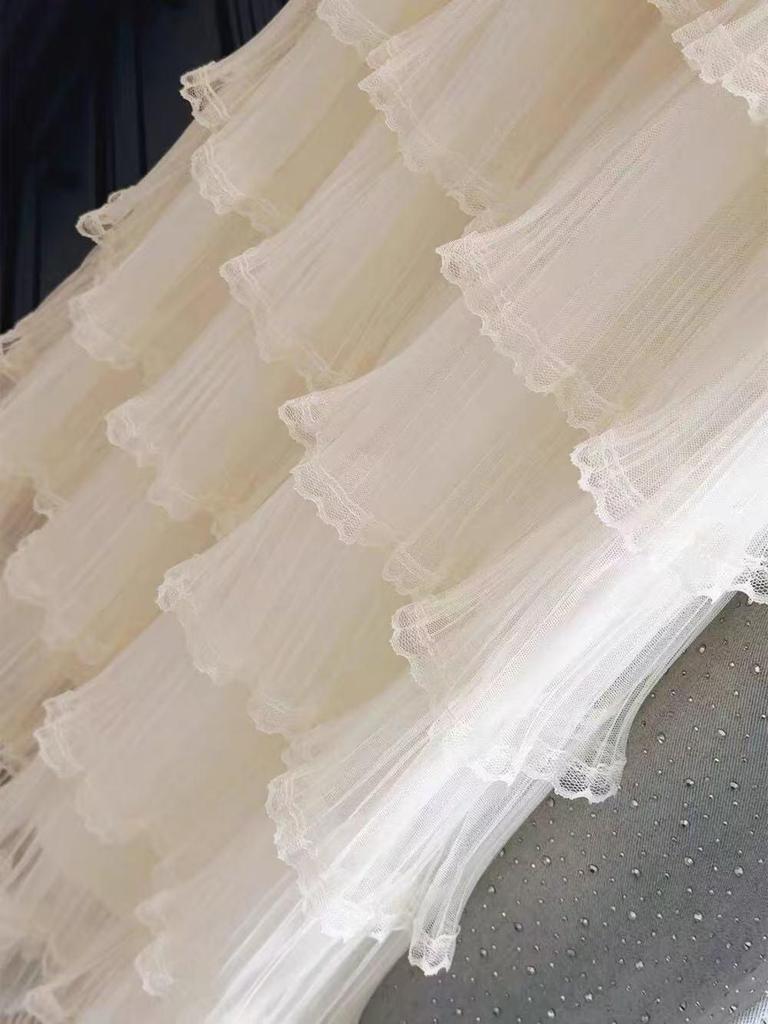 Spring 2026 Korean Lace Pleated Gauze A-line Skirt – White