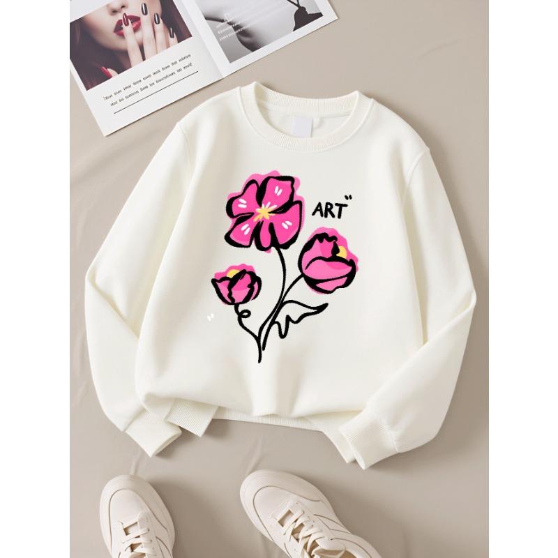 European sizes Girls' Soft Crewneck Sweatshirt, Pink Floral Pattern with Cute Print, Casual All-Match, Ideal Holiday Present