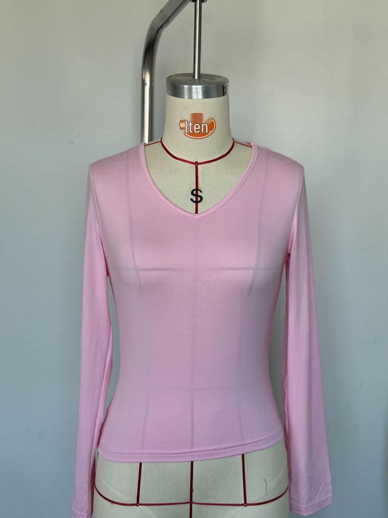 Women's European American V-Neck Slimming Long-Sleeve Bodycon Milk Silk Top