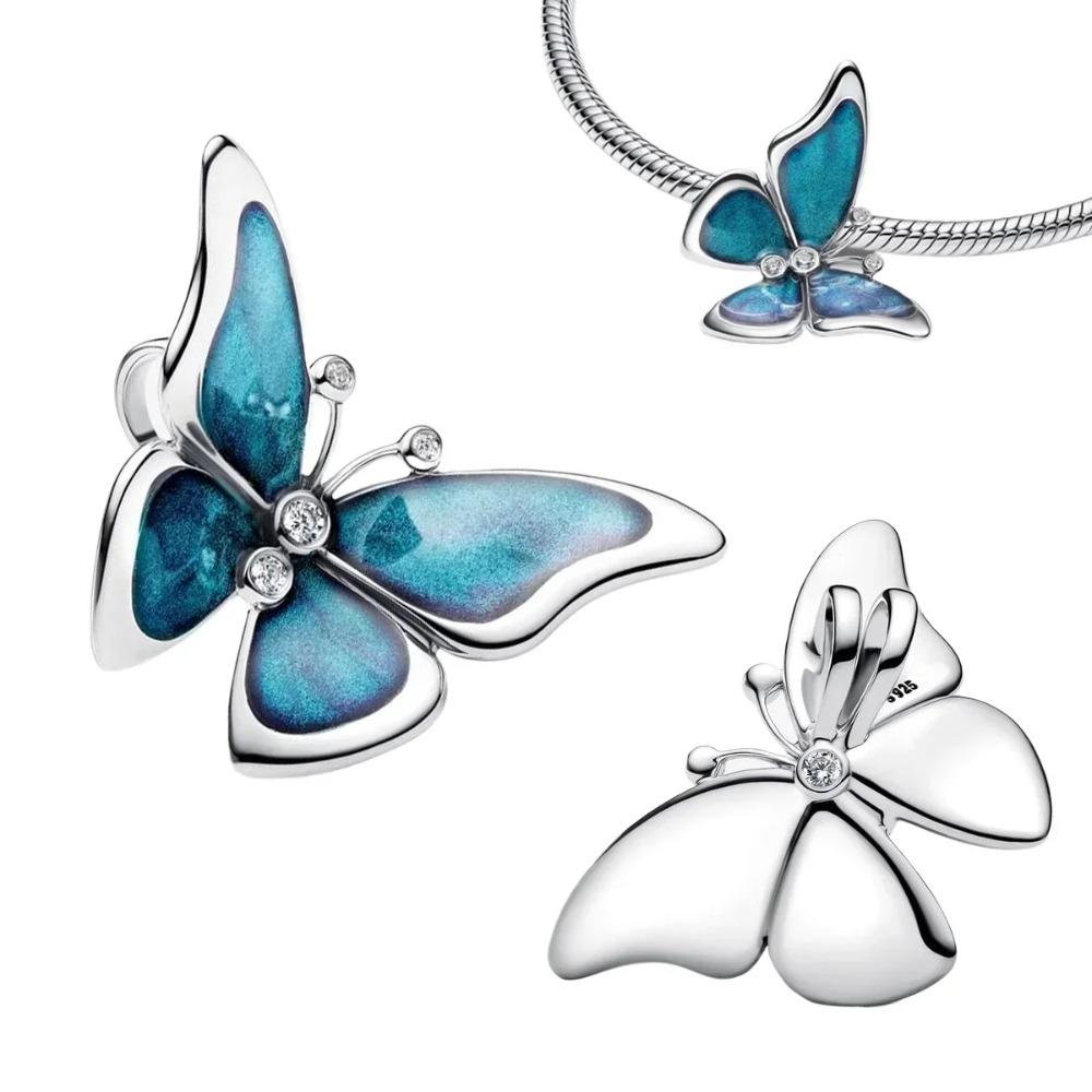 925 Silver Pink Blossom Dangle Charm Butterfly Heart Flower Rose Bird Bead For DIY Necklace Bracelet Fine Jewellery