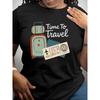 Women's Summer T-Shirt - Round Neck Short Sleeve - Luggage Print Slogan: Time To Travel - White Font European Size