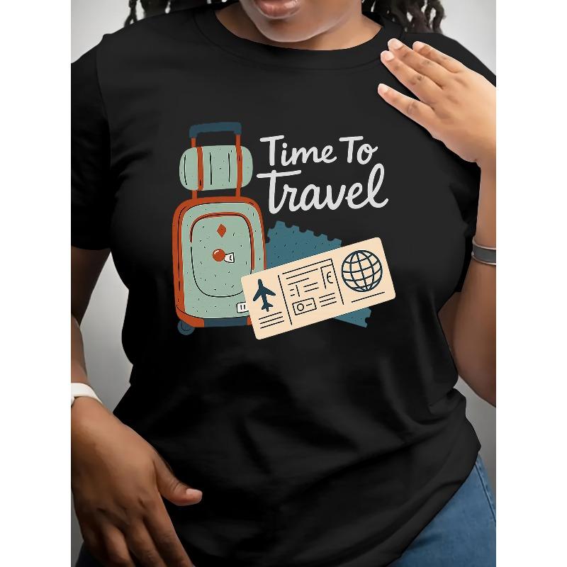 

Women s Summer T-Shirt - Round Neck Short Sleeve - Luggage Print Slogan: Time To Travel - White Font European size 4XL чорний